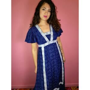 Small/Med Vintage 1970's Navy Blue White Lace Flutter Sleeve Prairie Maxi Dress